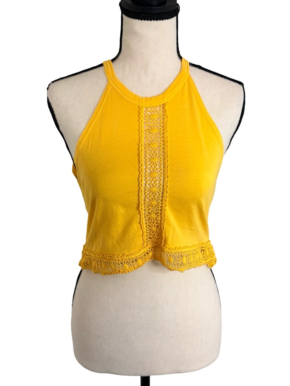 Don’t Ask Why‎ Yellow Crochet Trim Halter Crop Top OS